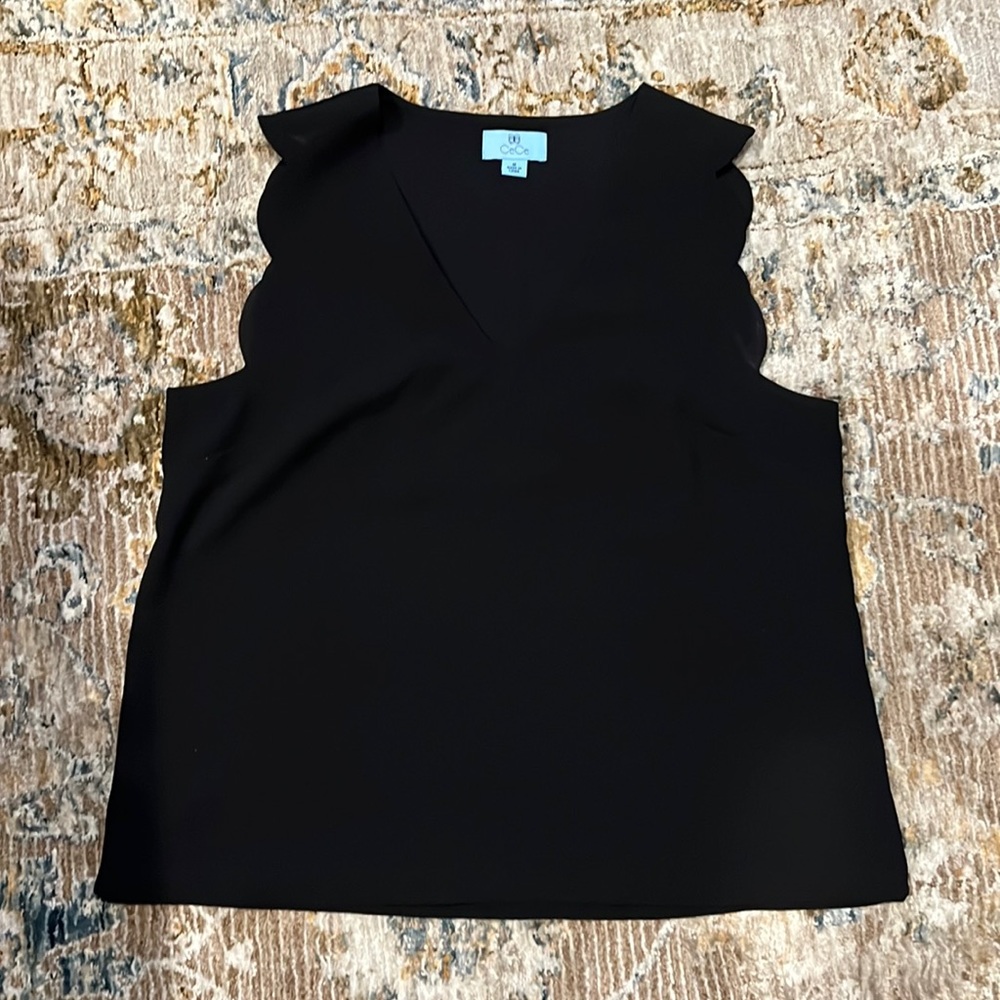 CeCe Black Sleeveless V-Neck Scallop Shell Top